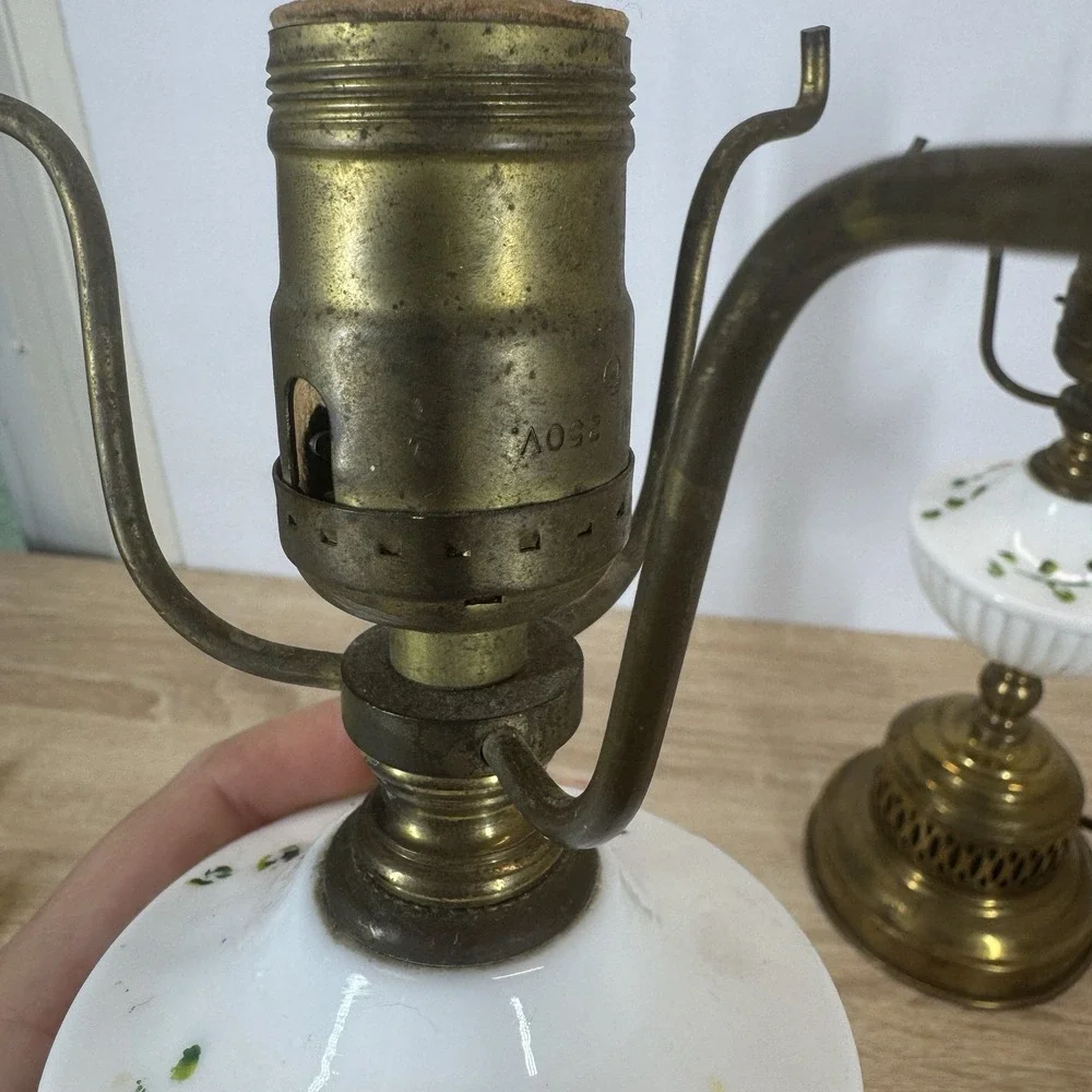 Vintage Pair Porcelain Floral Brass Table Lamps Boudoir Vanity Parts Repair
